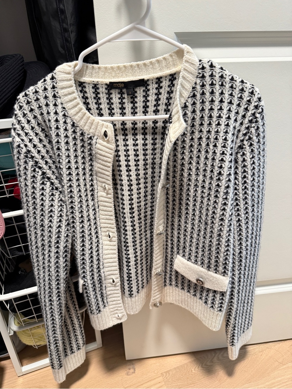 Maje Cream and Black Patterned Knit Cardigan